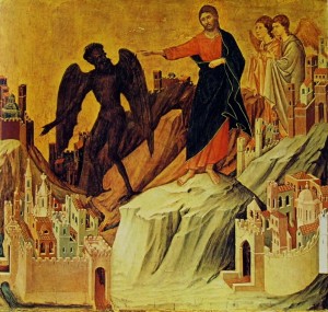 Duccio di Buoninsegna: Predella della Maestà (verso) – La tentazione di Cristo sul monte, cm. 43 x 46, Frik collection, New York